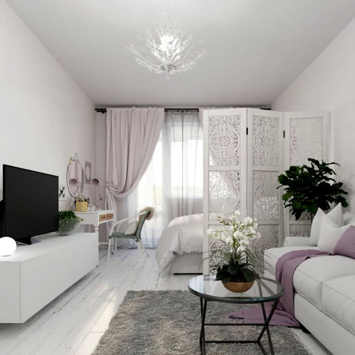 The style of the screen is selected according to the surrounding interior. But this is not a stationary device. If desired, it can be easily moved or removed