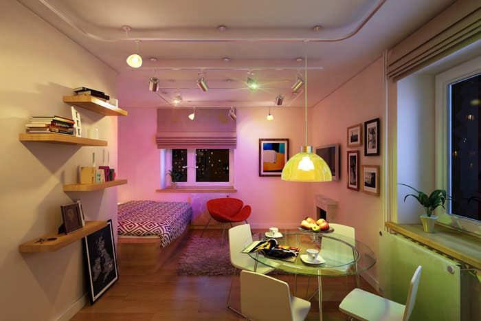 It is better to choose its own lighting system for each zone. In this case, the direction of the light will really separate the zones.