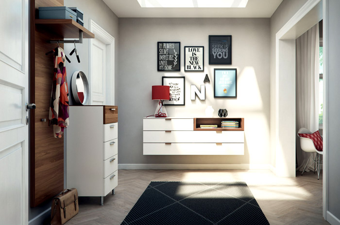 Интересни коридори в модерен стил в бели или светлосиви цветове, както е на снимката