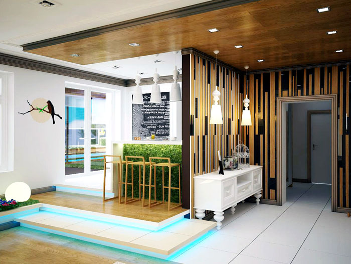 Панелният дървен таван с точково осветление ще изглежда оригинален