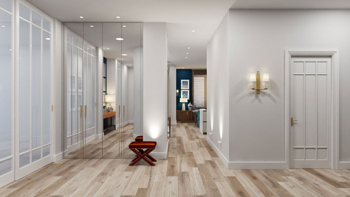 Матов опънат таван и дървоподобен под създават добро платно за творчество в модерен стил