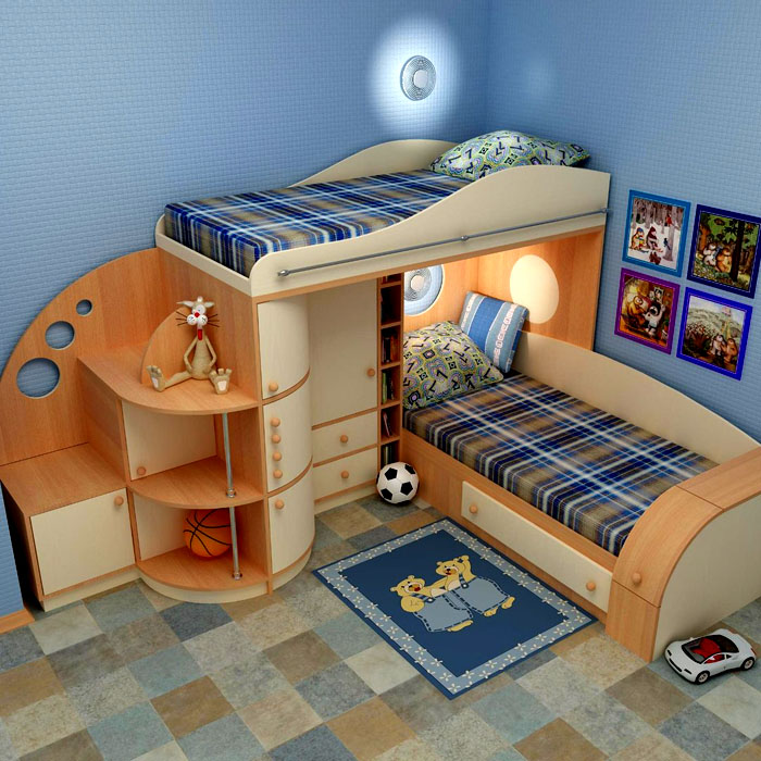 Εάν ο σχεδιασμός είναι δύο επιπέδων, τότε ένα πιο ήρεμο παιδί στέλνεται στον επάνω όροφο για ύπνο.