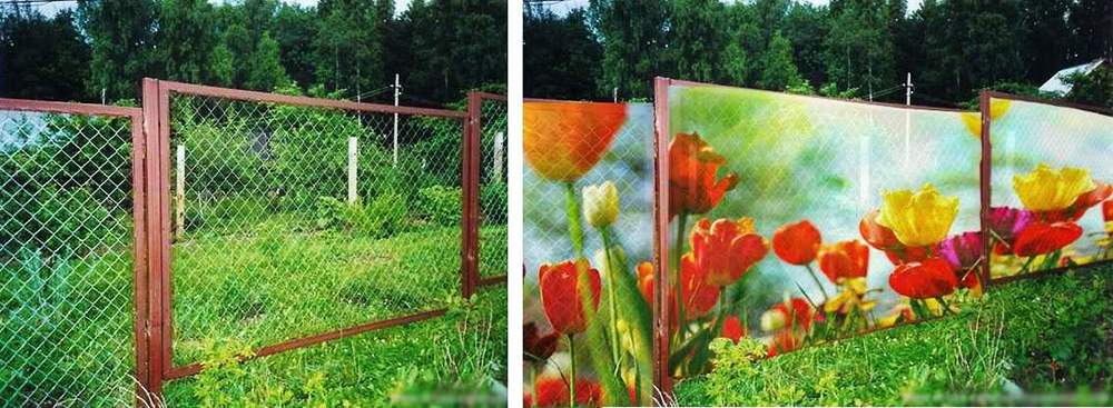 Wenn der Zaun aus Mesh besteht, kann das Fotoraster unter dem Rahmen montiert werden