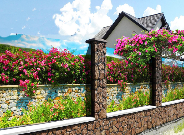 Zaun aus dekorativem Verblendstein und Fotogitter