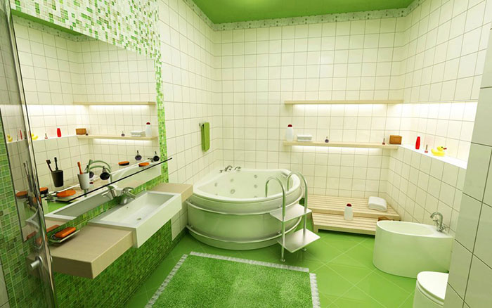 Die Graphitfarbe der Fuge wird mit verschiedenen Tönen der grünen Farbpalette kombiniert