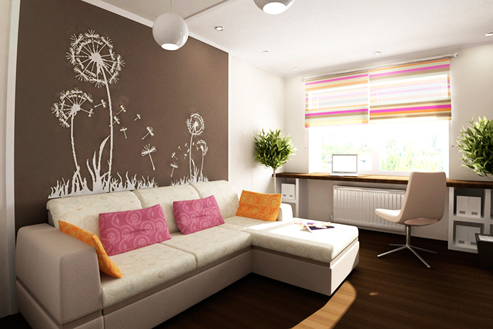 Ausgezeichnetes Wohnzimmerinterieur in Chruschtschow mit einer ausgezeichneten Lösung für den Arbeitsbereich