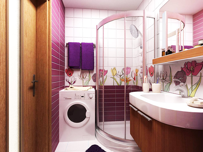 Auf der einen Seite gibt es eine Toilette, auf der anderen Seite gibt es einen Platz für eine Waschmaschine