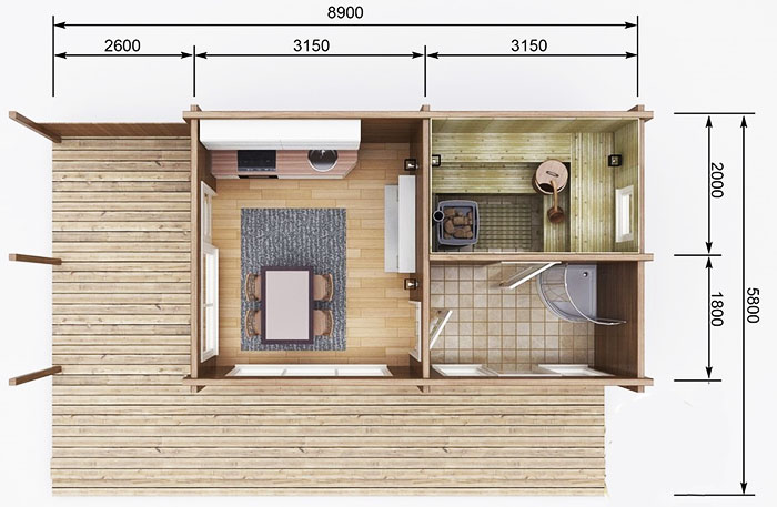 In solchen Gebäuden kann die Veranda die kleinste Fläche unter allen Räumlichkeiten haben.